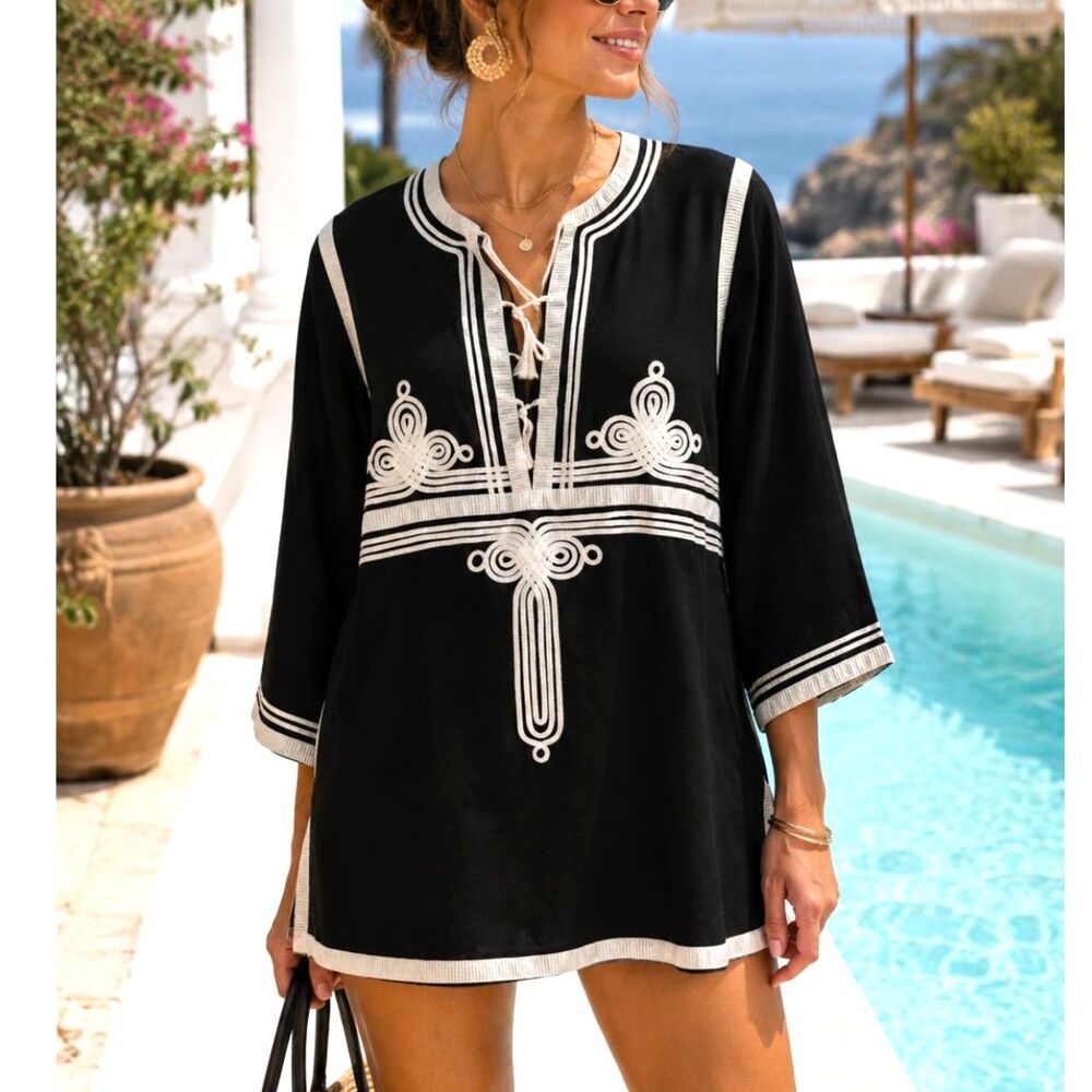 Vintage CJ Laing Embroidered Tunic Cover Up Black Ivory Resort Wear Small
